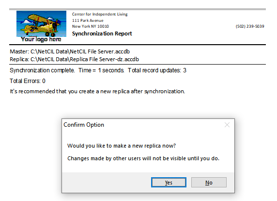 Synchronization report and prompt to create a new replica (Alt-Y or Enter)