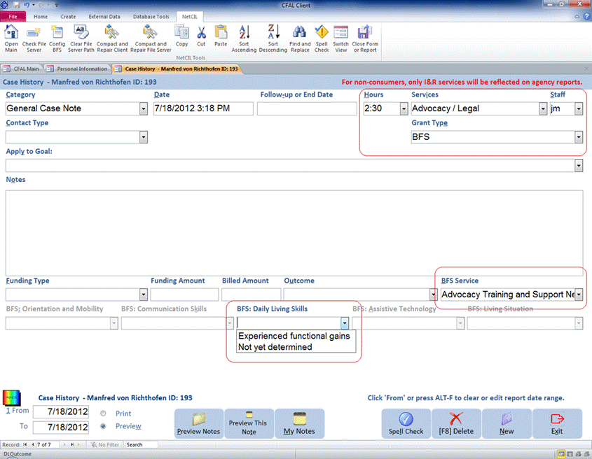 Title: Image of NetCIL Client Notes form - Description: Image of NetCIL Client Notes form.